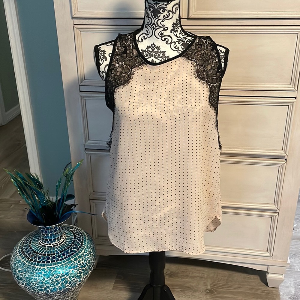 womens ann taylor loft small pink and black polka dot sleeveless blouse small